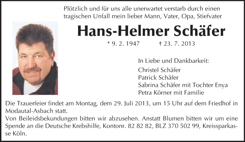  Traueranzeige für Hans-Helmer Schäfer vom 27.07.2013 aus Echo-Zeitungen (Gesamtausgabe)