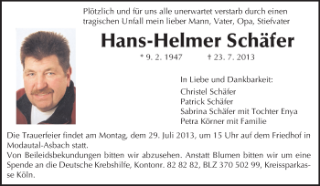 Traueranzeige von Hans-Helmer Schäfer von Echo-Zeitungen (Gesamtausgabe)