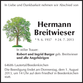 Traueranzeige von Hermann Breitwieser von Echo-Zeitungen (Gesamtausgabe)