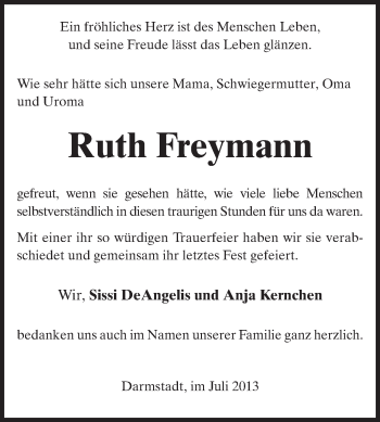 Traueranzeige von Ruth Freymann von Echo-Zeitungen (Gesamtausgabe)