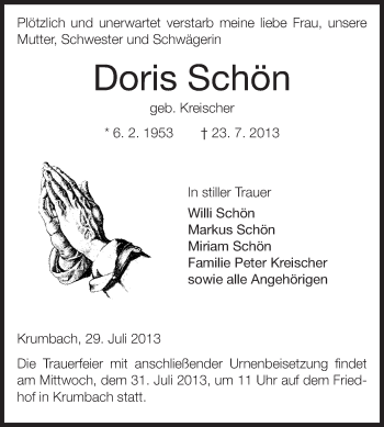 Traueranzeige von Doris Schön von Starkenburger Echo