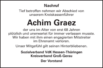 Traueranzeige von Achim Graez von Rüsselsheimer Echo, Groß-Gerauer-Echo, Ried Echo