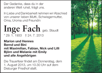Traueranzeige von Inge Fach von Echo-Zeitungen (Gesamtausgabe)