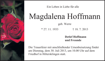 Traueranzeige von Magdalena Hoffmann von Odenwälder Echo