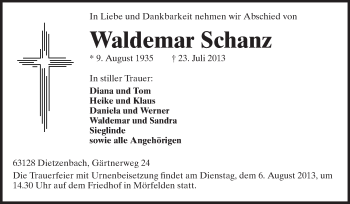 Traueranzeige von Waldemar Schanz von Rüsselsheimer Echo, Groß-Gerauer-Echo, Ried Echo
