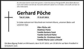 Traueranzeige von Gerhard Pöche von Echo-Zeitungen (Gesamtausgabe)