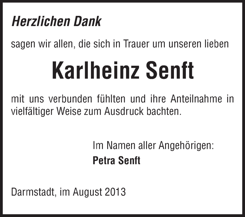  Traueranzeige für Karlheinz Senft vom 03.08.2013 aus Echo-Zeitungen (Gesamtausgabe)