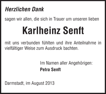 Traueranzeige von Karlheinz Senft von Echo-Zeitungen (Gesamtausgabe)
