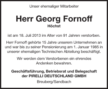 Traueranzeige von Georg Fornoff von Odenwälder Echo