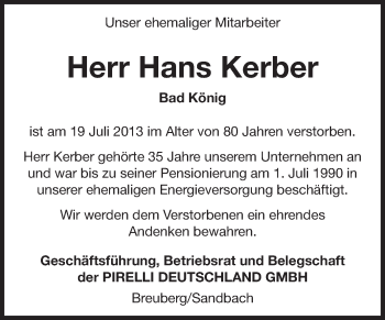 Traueranzeige von Hans Kerber von Odenwälder Echo