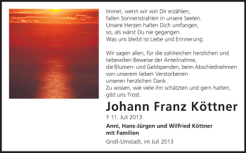 Traueranzeige von Johann Franz Köttner von Echo-Zeitungen (Gesamtausgabe)