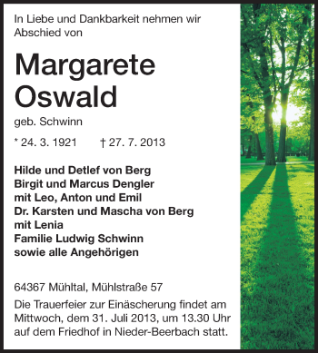 Traueranzeige von Margarete Oswald von Echo-Zeitungen (Gesamtausgabe)