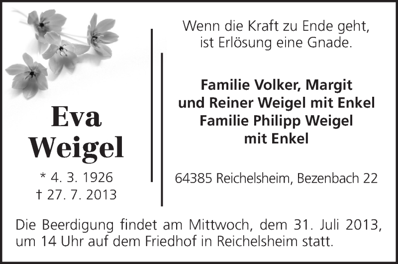  Traueranzeige für Eva Weigel vom 30.07.2013 aus Odenwälder Echo