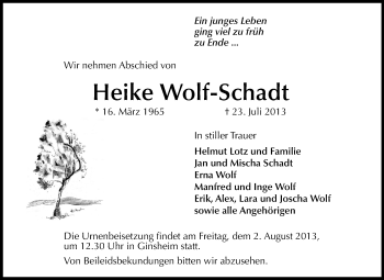Traueranzeige von Heike Wolf-Schadt von Rüsselsheimer Echo, Groß-Gerauer-Echo, Ried Echo