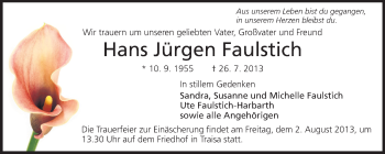 Traueranzeige von Hans Jürgen Faulstich von Echo-Zeitungen (Gesamtausgabe)
