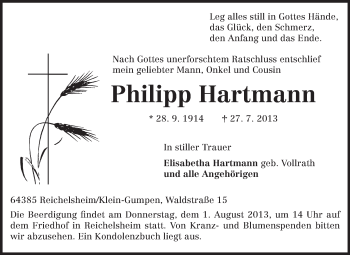 Traueranzeige von Philipp Hartmann von Odenwälder Echo