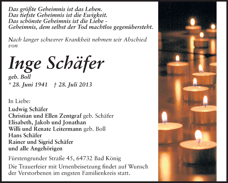  Traueranzeige für Inge Schäfer vom 31.07.2013 aus Odenwälder Echo