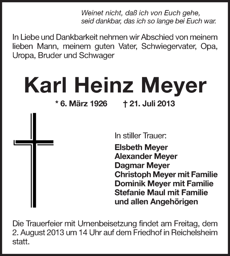  Traueranzeige für Karl Heinz Meyer vom 31.07.2013 aus Odenwälder Echo