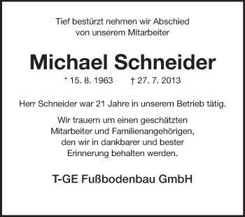 Traueranzeige von Michael Schneider von Echo-Zeitungen (Gesamtausgabe)