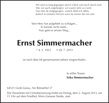 Traueranzeige von Ernst Simmermacher von Rüsselsheimer Echo, Groß-Gerauer-Echo, Ried Echo