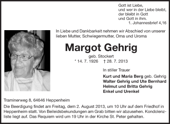 Traueranzeige von Margot Gehrig von Starkenburger Echo