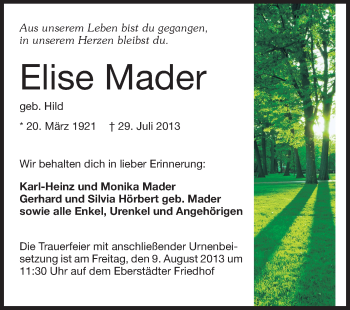 Traueranzeige von Elise Mader von Echo-Zeitungen (Gesamtausgabe)