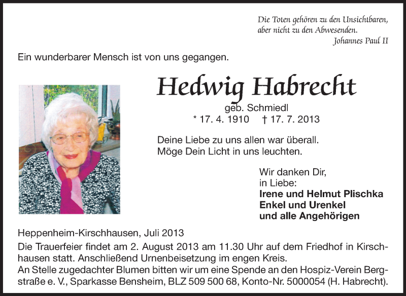  Traueranzeige für Hedwig Habrecht vom 31.07.2013 aus Starkenburger Echo, Bergsträßer Anzeiger