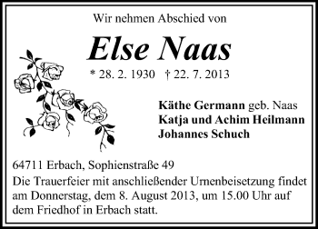 Traueranzeige von Else Naas von Odenwälder Echo