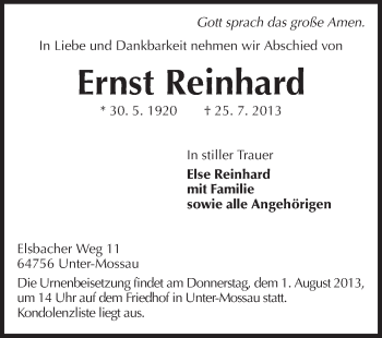 Traueranzeige von Ernst Reinhard von Odenwälder Echo