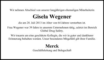 Traueranzeige von Gisela Wegener von Echo-Zeitungen (Gesamtausgabe)