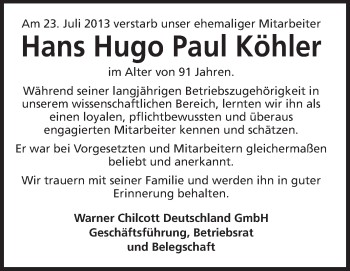 Traueranzeige von Hans Hugo Paul Köhler von Echo-Zeitungen (Gesamtausgabe)