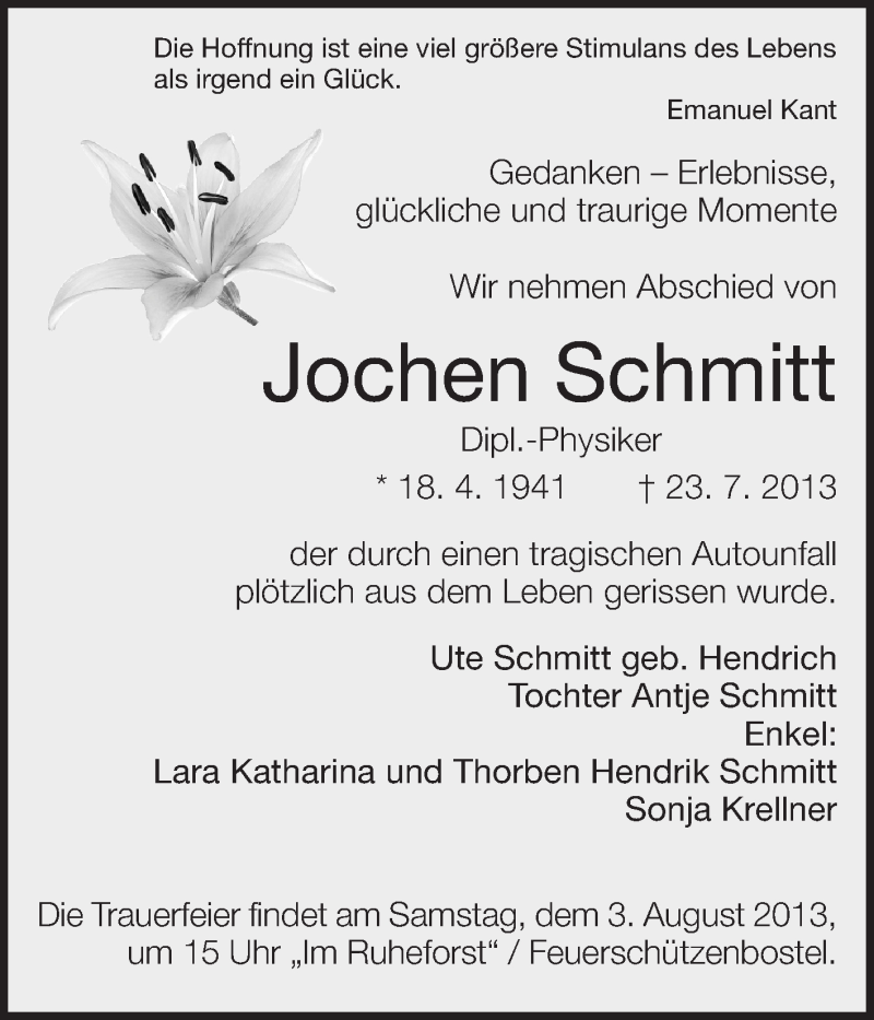  Traueranzeige für Jochen Schmitt vom 31.07.2013 aus Echo-Zeitungen (Gesamtausgabe)