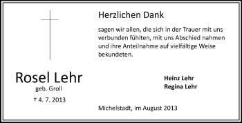 Traueranzeige von Rosel Lehr von Odenwälder Echo