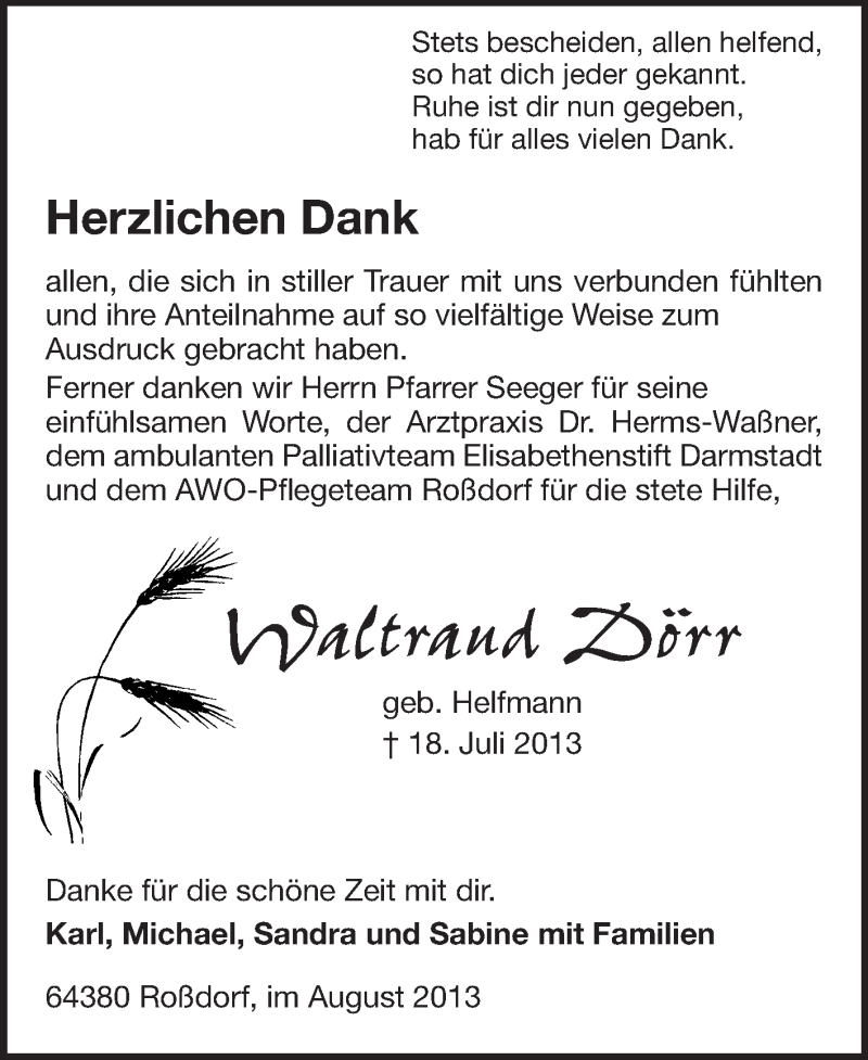  Traueranzeige für Waltraud Dörr vom 03.08.2013 aus Echo-Zeitungen (Gesamtausgabe)