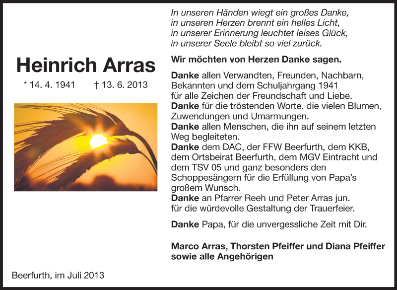  Traueranzeige für Heinrich Arras vom 02.08.2013 aus Odenwälder Echo