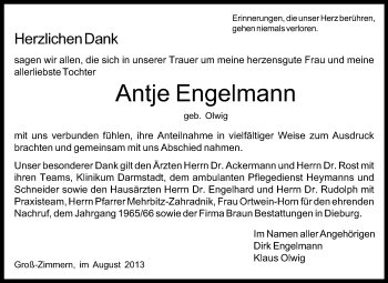 Traueranzeige von Antje Engelmann von Echo-Zeitungen (Gesamtausgabe)