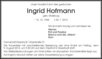Traueranzeige von Ingrid Hofmann von Echo-Zeitungen (Gesamtausgabe)
