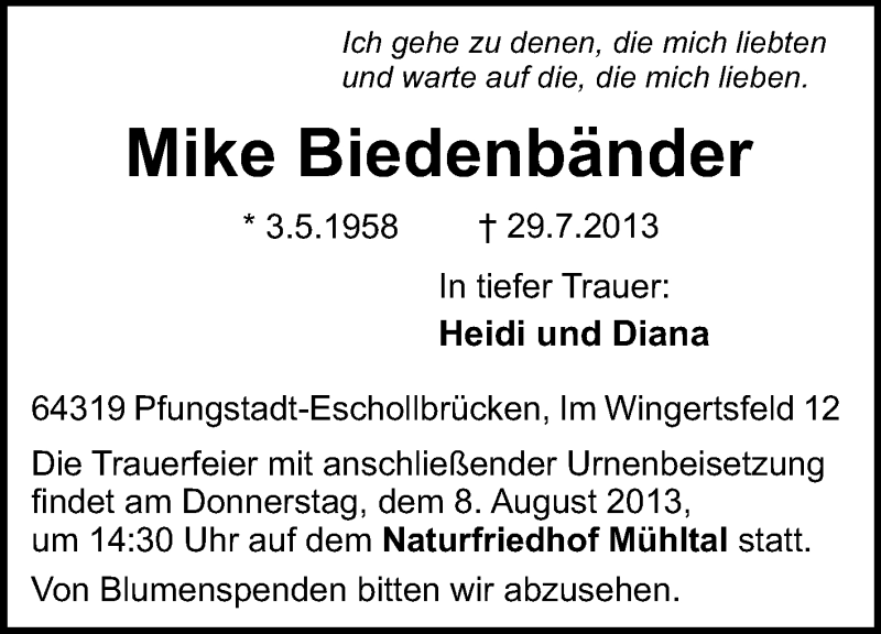  Traueranzeige für Mike Biedenbänder vom 03.08.2013 aus Echo-Zeitungen (Gesamtausgabe)