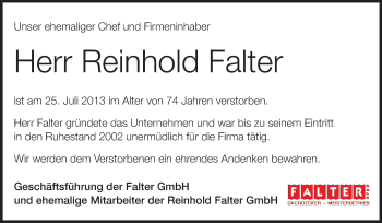 Traueranzeige von Reinhold Falter von Rüsselsheimer Echo, Groß-Gerauer-Echo, Ried Echo