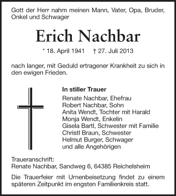 Traueranzeige von Erich Nachbar von Odenwälder Echo