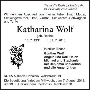 Traueranzeige von Katharina Wolf von Echo-Zeitungen (Gesamtausgabe)