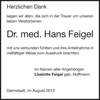 Traueranzeige von Hans Feigel von Echo-Zeitungen (Gesamtausgabe)