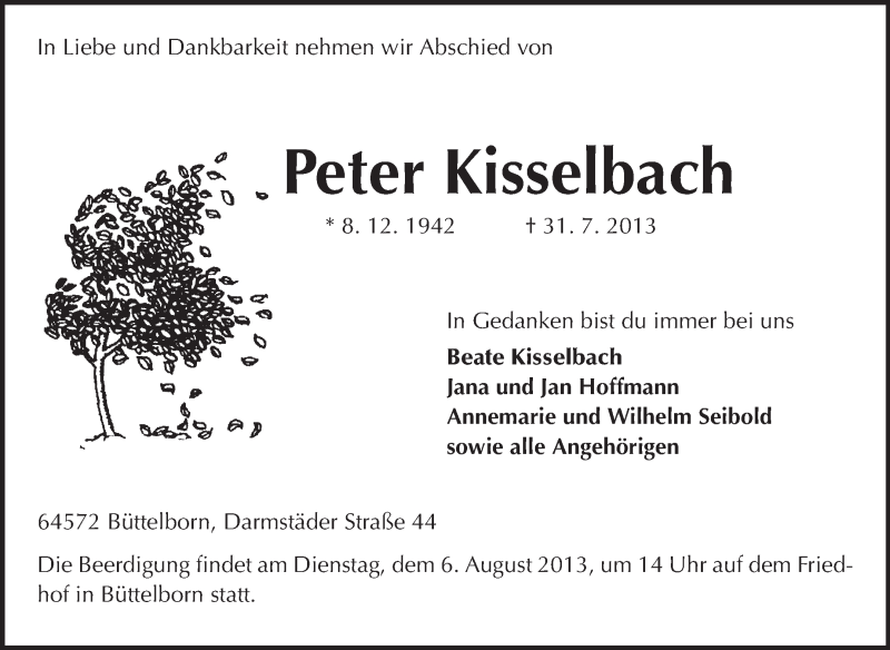  Traueranzeige für Peter Kisselbach vom 03.08.2013 aus Echo-Zeitungen (Gesamtausgabe)