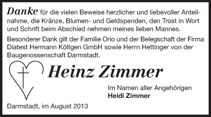  Traueranzeige für Heinz Zimmer vom 03.08.2013 aus Echo-Zeitungen (Gesamtausgabe)