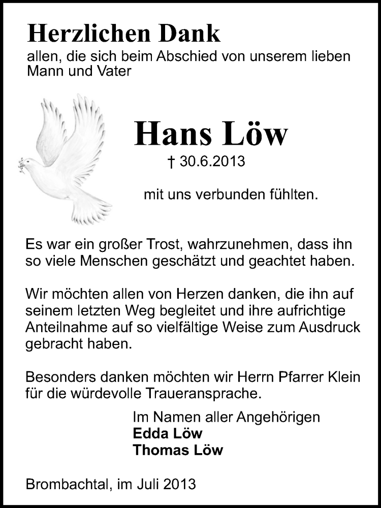  Traueranzeige für Hans Löw vom 03.08.2013 aus Odenwälder Echo