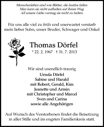 Traueranzeige von Thomas Dörfel von Echo-Zeitungen (Gesamtausgabe)