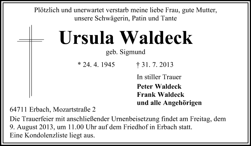  Traueranzeige für Ursula Waldeck vom 05.08.2013 aus Odenwälder Echo