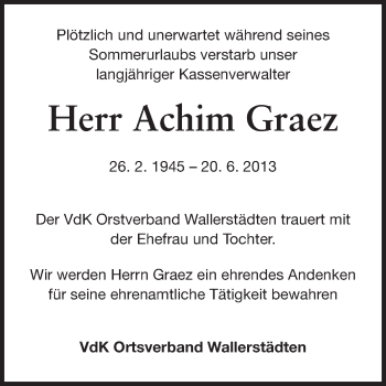 Traueranzeige von Achim Graez von Rüsselsheimer Echo, Groß-Gerauer-Echo, Ried Echo