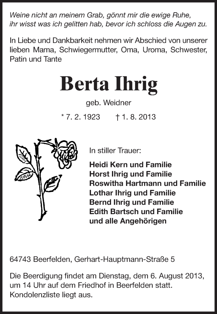  Traueranzeige für Berta Ihrig vom 05.08.2013 aus Odenwälder Echo