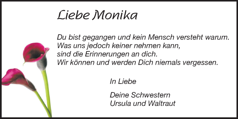  Traueranzeige für Monika Hönig vom 09.08.2013 aus Darmstädter Echo, Odenwälder Echo, Rüsselsheimer Echo, Groß-Gerauer-Echo, Ried Echo